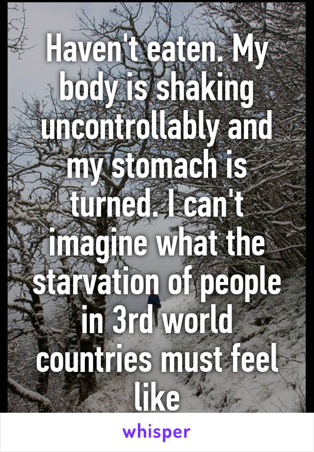 Haven't eaten. My body is shaking uncontrollably and my stomach is turned. I can't imagine what the starvation of people in 3rd world countries must feel like