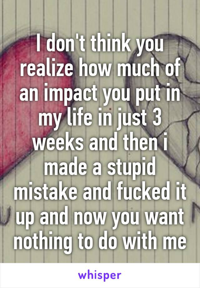 I don't think you realize how much of an impact you put in my life in just 3 weeks and then i made a stupid mistake and fucked it up and now you want nothing to do with me