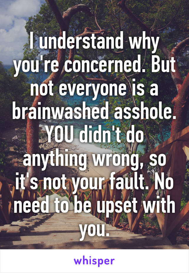 I understand why you're concerned. But not everyone is a brainwashed asshole. YOU didn't do anything wrong, so it's not your fault. No need to be upset with you.