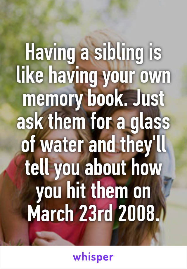 Having a sibling is like having your own memory book. Just ask them for a glass of water and they'll tell you about how you hit them on March 23rd 2008.