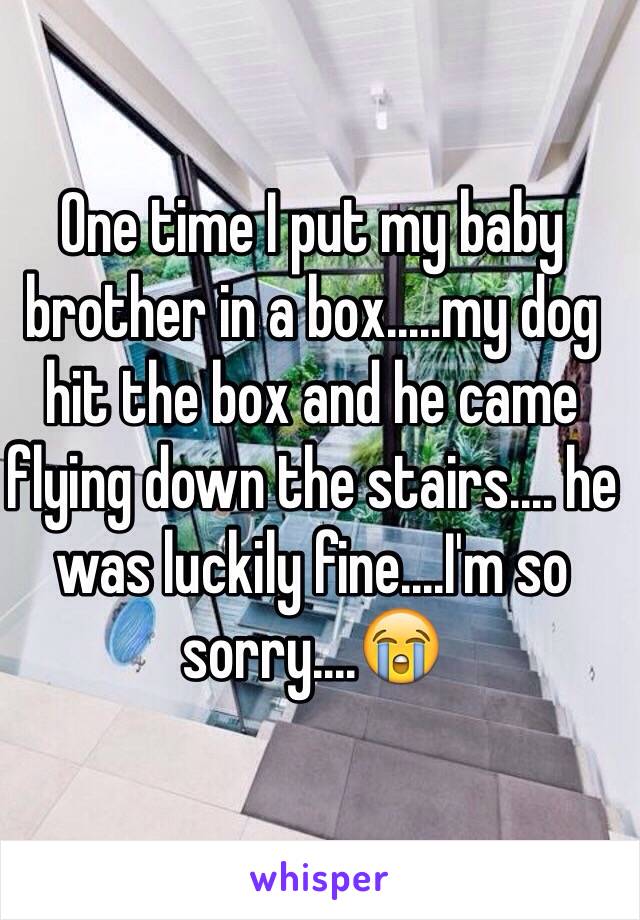 One time I put my baby brother in a box.....my dog hit the box and he came flying down the stairs.... he was luckily fine....I'm so sorry....😭