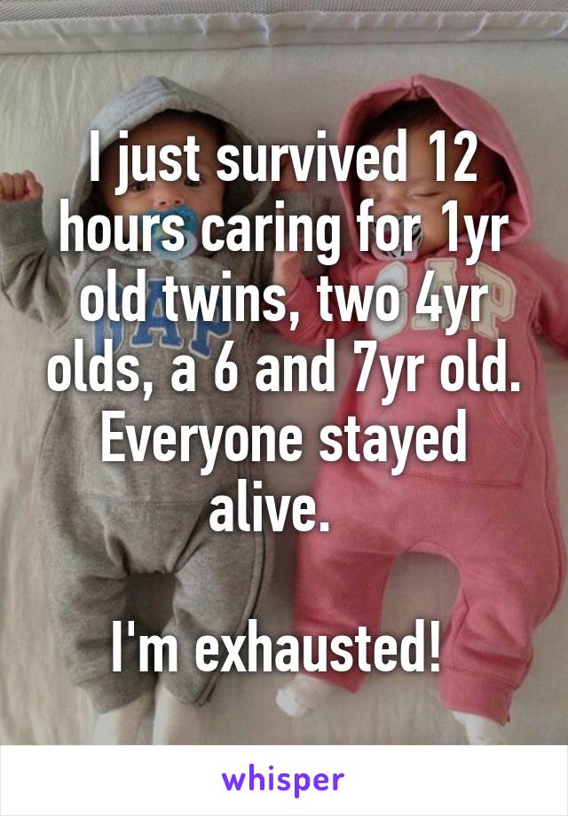 I just survived 12 hours caring for 1yr old twins, two 4yr olds, a 6 and 7yr old. Everyone stayed alive.  

I'm exhausted! 