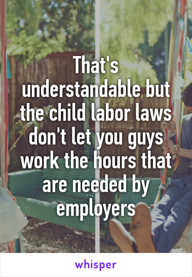 That's understandable but the child labor laws don't let you guys work the hours that are needed by employers