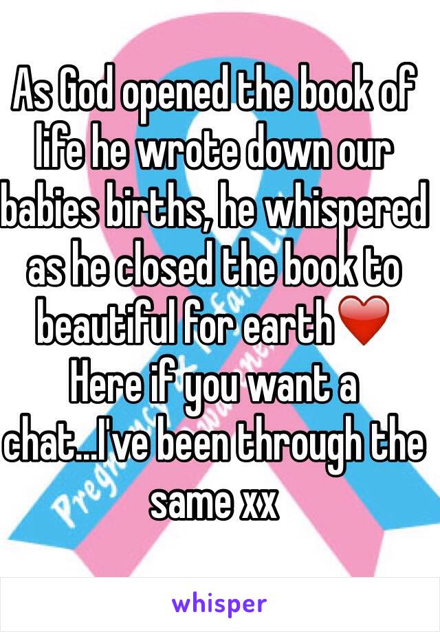 As God opened the book of life he wrote down our babies births, he whispered as he closed the book to beautiful for earth❤️ 
Here if you want a chat...I've been through the same xx