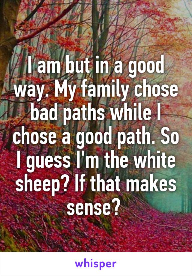 I am but in a good way. My family chose bad paths while I chose a good path. So I guess I'm the white sheep? If that makes sense? 
