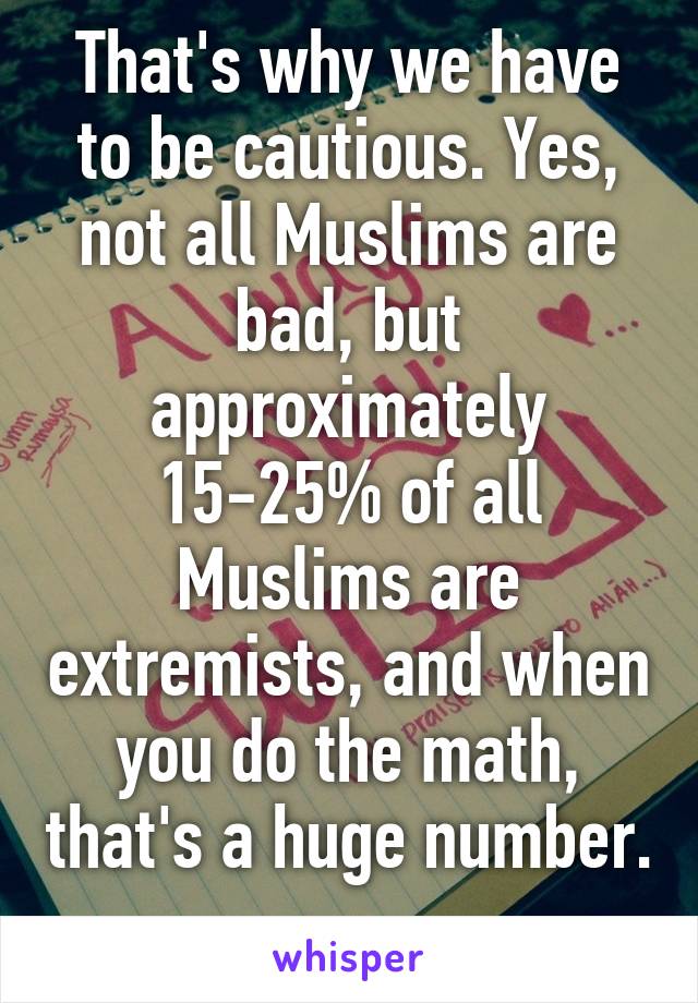 That's why we have to be cautious. Yes, not all Muslims are bad, but approximately 15-25% of all Muslims are extremists, and when you do the math, that's a huge number. 