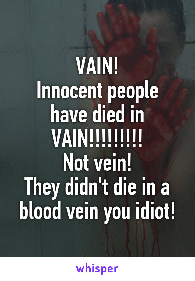 VAIN!
Innocent people have died in VAIN!!!!!!!!!
Not vein!
They didn't die in a blood vein you idiot!