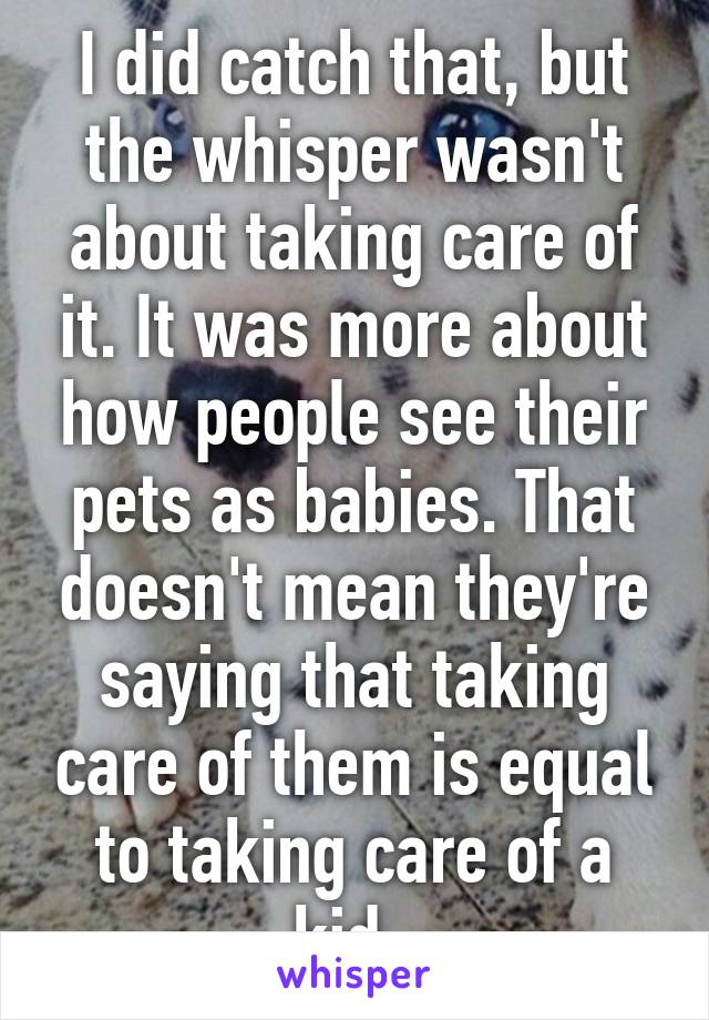 I did catch that, but the whisper wasn't about taking care of it. It was more about how people see their pets as babies. That doesn't mean they're saying that taking care of them is equal to taking care of a kid. 