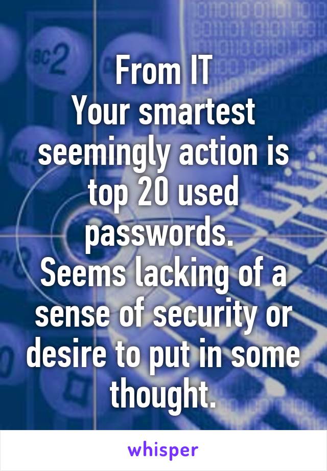 From IT
Your smartest seemingly action is top 20 used passwords. 
Seems lacking of a sense of security or desire to put in some thought.