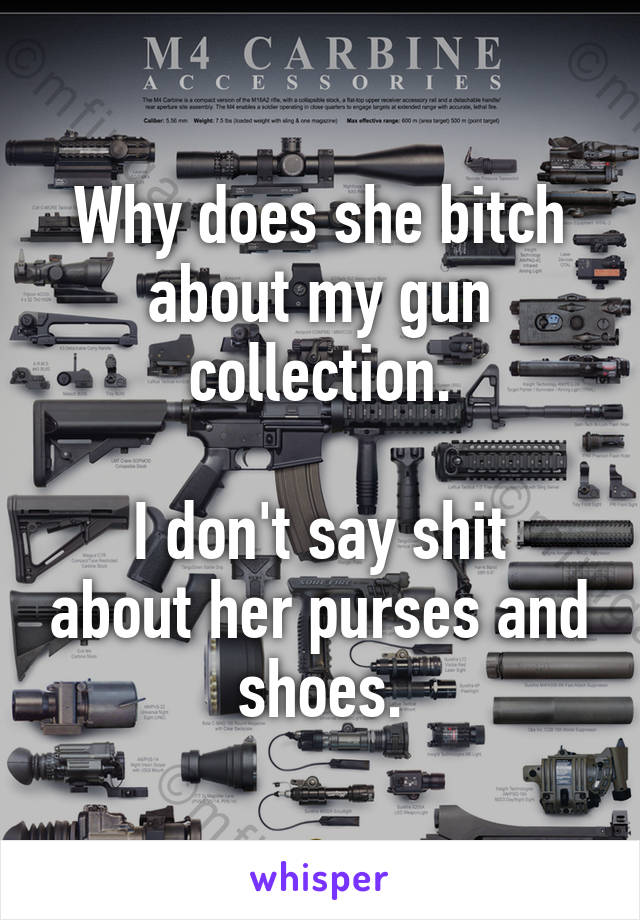 Why does she bitch about my gun collection.

I don't say shit about her purses and shoes.