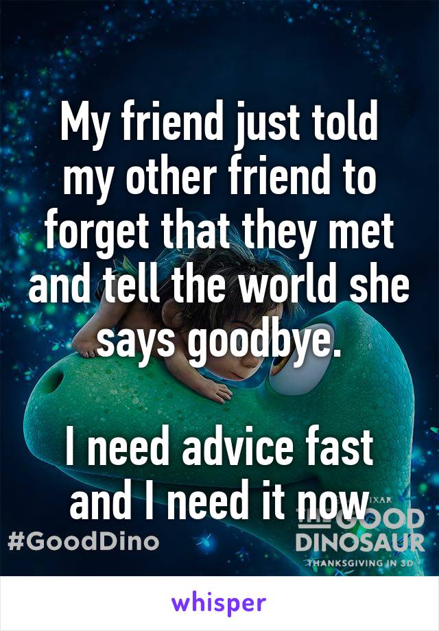 My friend just told my other friend to forget that they met and tell the world she says goodbye.

I need advice fast and I need it now