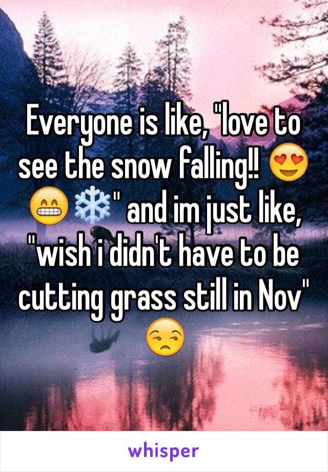 Everyone is like, "love to see the snow falling!! 😍😁❄️" and im just like, "wish i didn't have to be cutting grass still in Nov" 😒
