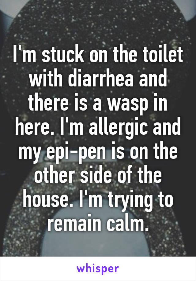 I'm stuck on the toilet with diarrhea and there is a wasp in here. I'm allergic and my epi-pen is on the other side of the house. I'm trying to remain calm.