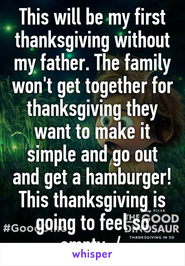 This will be my first thanksgiving without my father. The family won't get together for thanksgiving they want to make it simple and go out and get a hamburger! This thanksgiving is going to feel so empty :/ 
