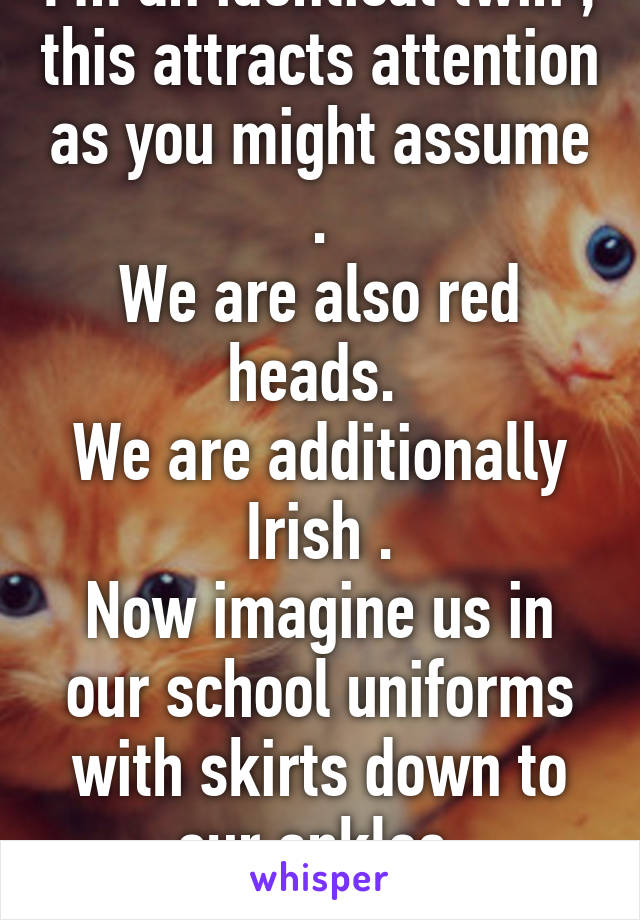 I'm an identical twin , this attracts attention as you might assume .
We are also red heads. 
We are additionally Irish .
Now imagine us in our school uniforms with skirts down to our ankles.
Us+tourists=pictures 