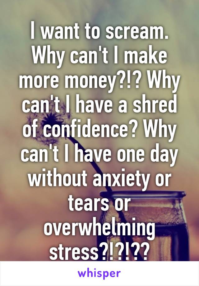 I want to scream. Why can't I make more money?!? Why can't I have a shred of confidence? Why can't I have one day without anxiety or tears or overwhelming stress?!?!??