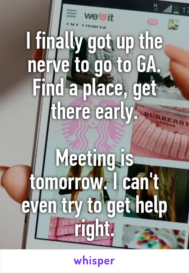 I finally got up the nerve to go to GA. Find a place, get there early.

Meeting is tomorrow. I can't even try to get help right.