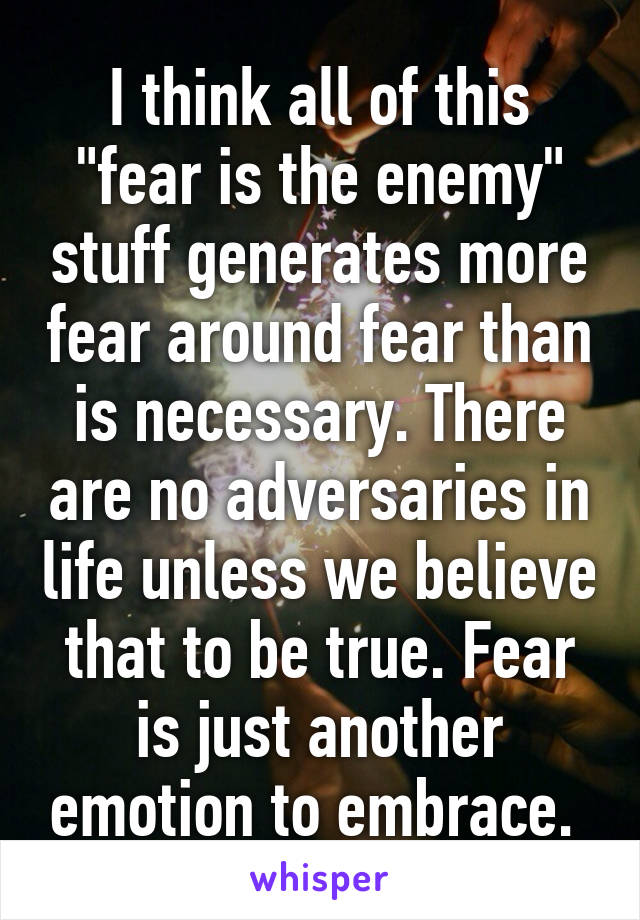 I think all of this "fear is the enemy" stuff generates more fear around fear than is necessary. There are no adversaries in life unless we believe that to be true. Fear is just another emotion to embrace. 