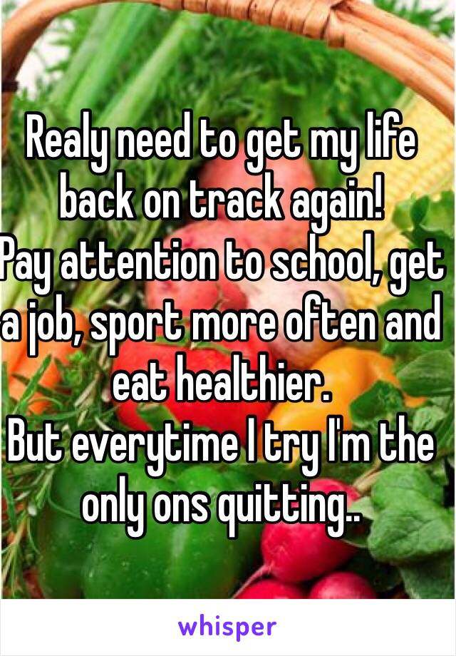 Realy need to get my life back on track again! 
Pay attention to school, get a job, sport more often and eat healthier. 
But everytime I try I'm the only ons quitting.. 