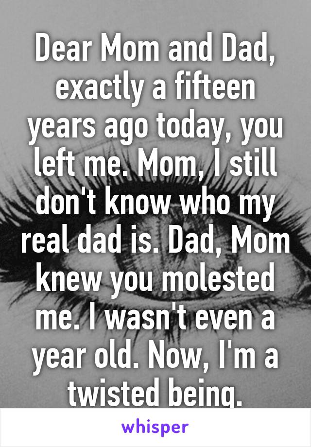 Dear Mom and Dad, exactly a fifteen years ago today, you left me. Mom, I still don't know who my real dad is. Dad, Mom knew you molested me. I wasn't even a year old. Now, I'm a twisted being.