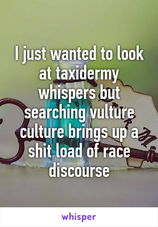 I just wanted to look at taxidermy whispers but searching vulture culture brings up a shit load of race discourse