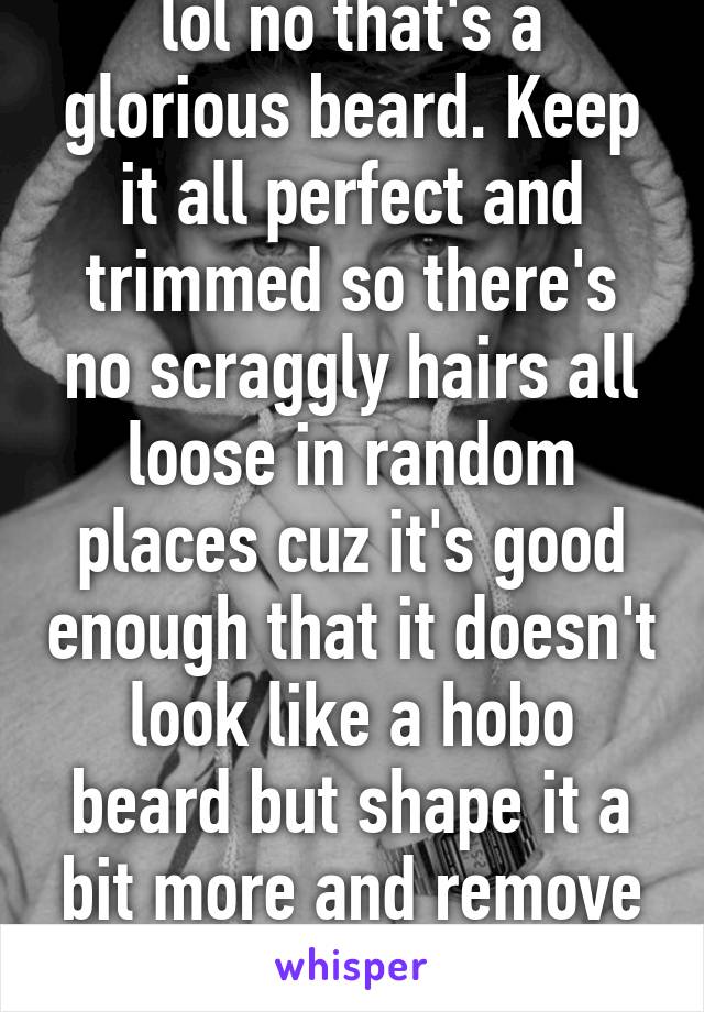 lol no that's a glorious beard. Keep it all perfect and trimmed so there's no scraggly hairs all loose in random places cuz it's good enough that it doesn't look like a hobo beard but shape it a bit more and remove random long ones