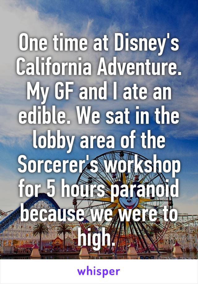 One time at Disney's California Adventure. My GF and I ate an edible. We sat in the lobby area of the Sorcerer's workshop for 5 hours paranoid because we were to high. 