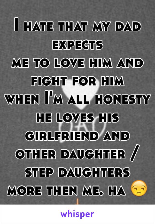 I hate that my dad expects
me to love him and fight for him
when I'm all honesty
he loves his girlfriend and 
other daughter / step daughters 
more then me. ha 😒🖕🏼