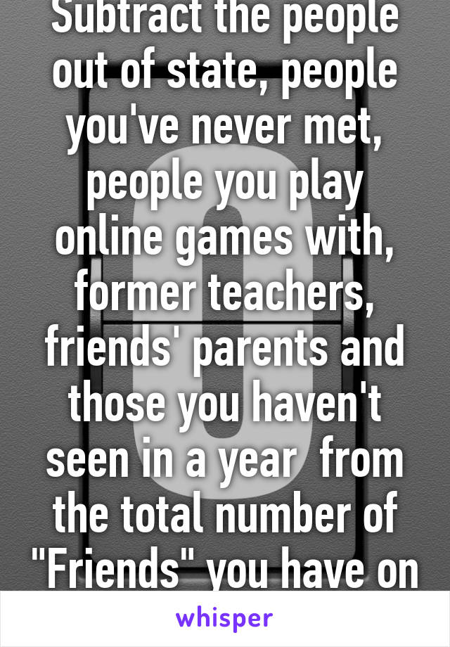 Subtract the people out of state, people you've never met, people you play online games with, former teachers, friends' parents and those you haven't seen in a year  from the total number of "Friends" you have on Facebook