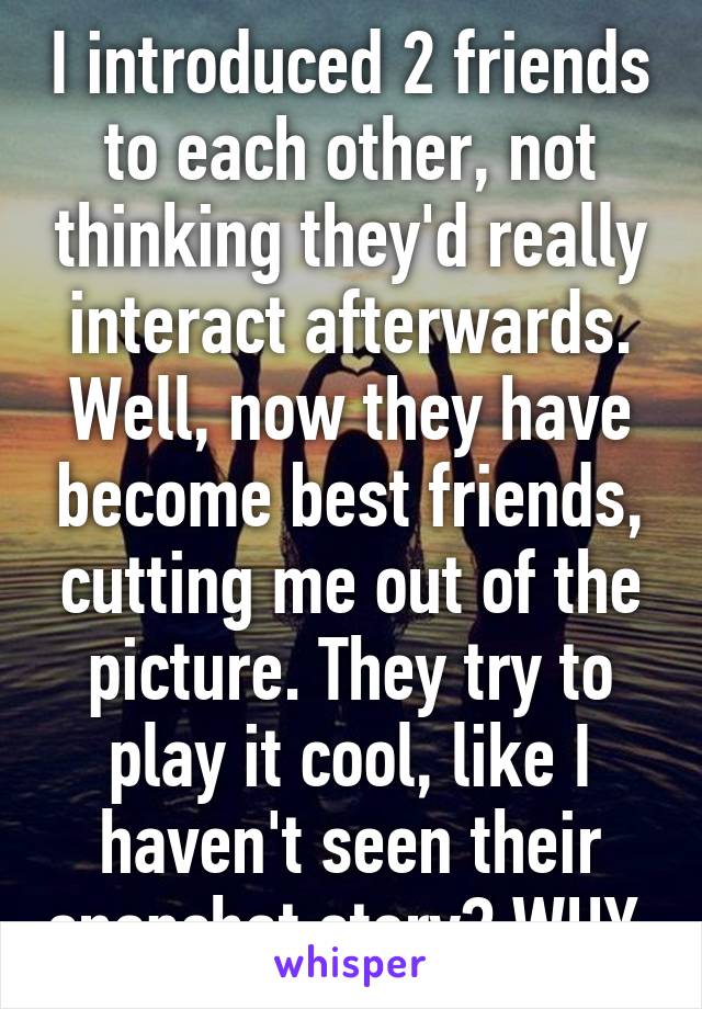 I introduced 2 friends to each other, not thinking they'd really interact afterwards. Well, now they have become best friends, cutting me out of the picture. They try to play it cool, like I haven't seen their snapchat story? WHY.