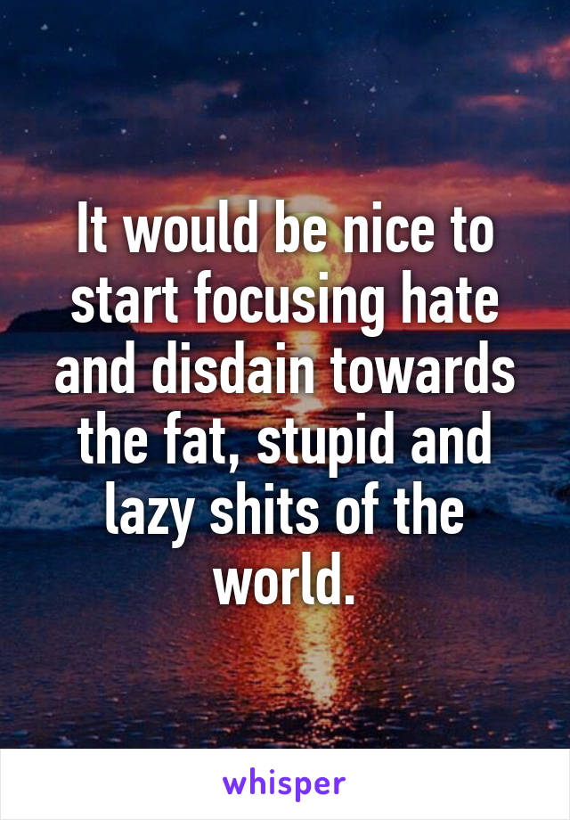 It would be nice to start focusing hate and disdain towards the fat, stupid and lazy shits of the world.