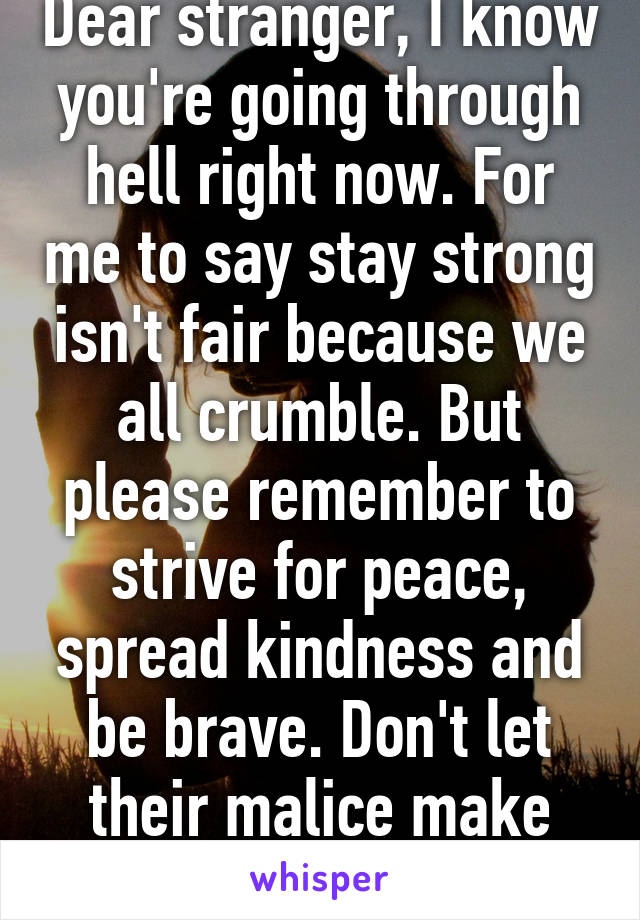 Dear stranger, I know you're going through hell right now. For me to say stay strong isn't fair because we all crumble. But please remember to strive for peace, spread kindness and be brave. Don't let their malice make you spit venom. 