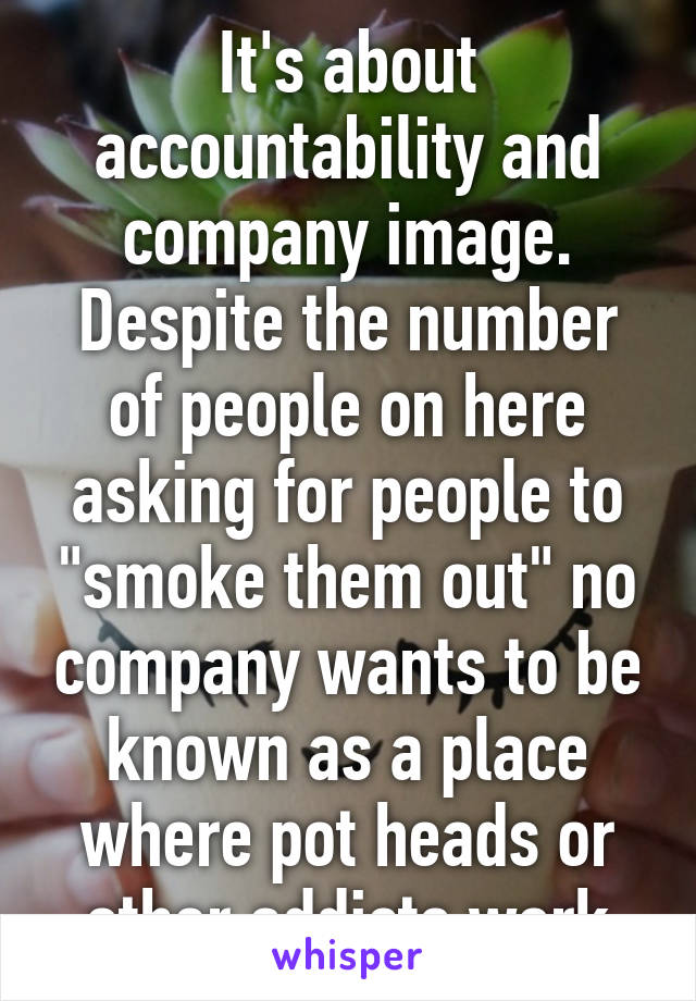 It's about accountability and company image. Despite the number of people on here asking for people to "smoke them out" no company wants to be known as a place where pot heads or other addicts work