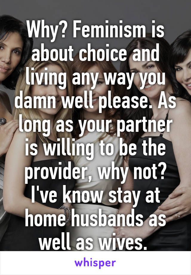 Why? Feminism is about choice and living any way you damn well please. As long as your partner is willing to be the provider, why not? I've know stay at home husbands as well as wives. 