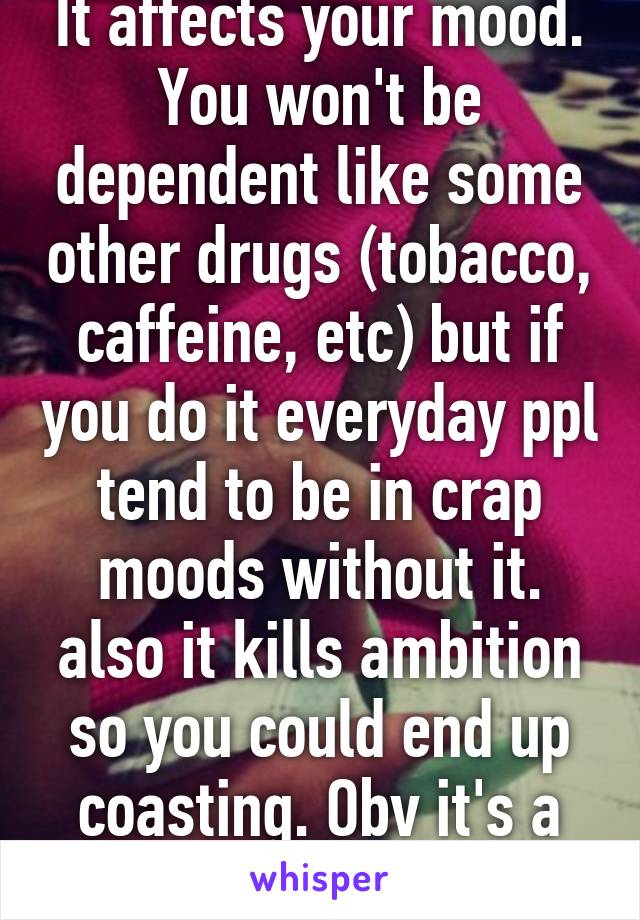 It affects your mood. You won't be dependent like some other drugs (tobacco, caffeine, etc) but if you do it everyday ppl tend to be in crap moods without it. also it kills ambition so you could end up coasting. Obv it's a personal choice 