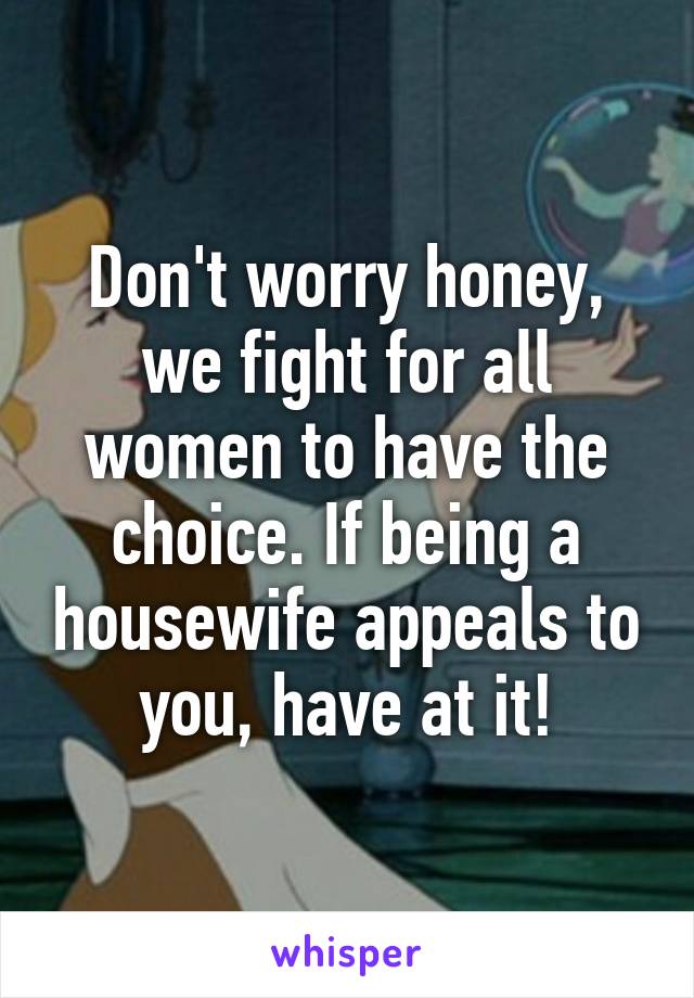 Don't worry honey, we fight for all women to have the choice. If being a housewife appeals to you, have at it!