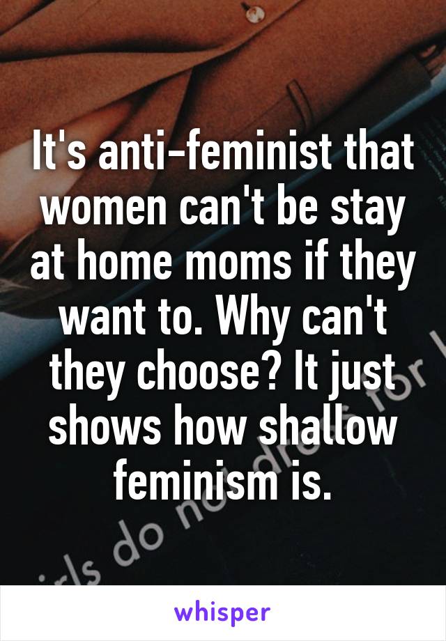 It's anti-feminist that women can't be stay at home moms if they want to. Why can't they choose? It just shows how shallow feminism is.