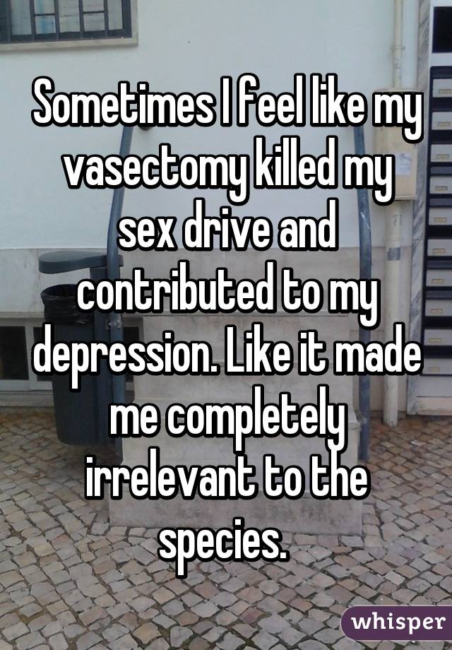 Sometimes I feel like my vasectomy killed my sex drive and contributed to
my depression. Like it made me completely irrelevant to the species. 