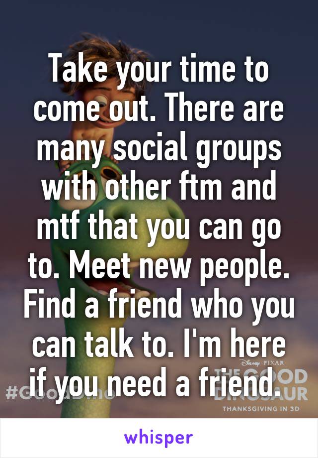 Take your time to come out. There are many social groups with other ftm and mtf that you can go to. Meet new people. Find a friend who you can talk to. I'm here if you need a friend. 