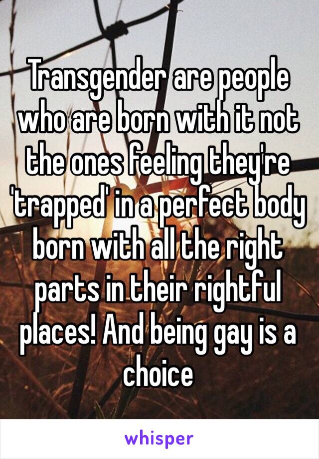 Transgender are people who are born with it not the ones feeling they're 'trapped' in a perfect body born with all the right parts in their rightful places! And being gay is a choice 