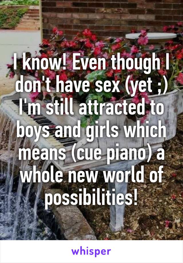 I know! Even though I don't have sex (yet ;) I'm still attracted to boys and girls which means (cue piano) a whole new world of possibilities!