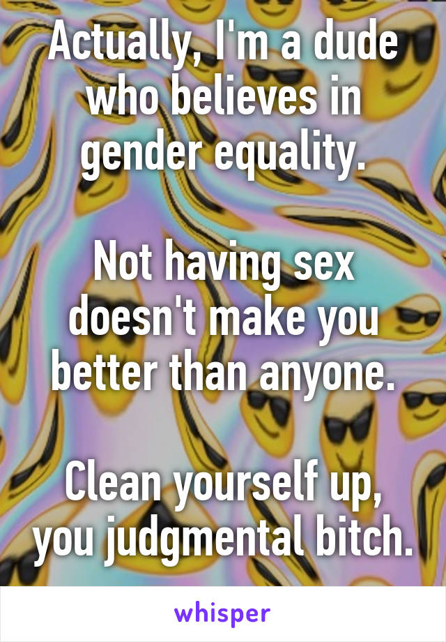 Actually, I'm a dude who believes in gender equality.

Not having sex doesn't make you better than anyone.

Clean yourself up, you judgmental bitch. 