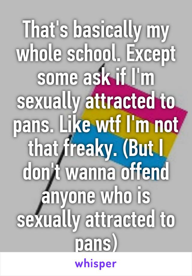 That's basically my whole school. Except some ask if I'm sexually attracted to pans. Like wtf I'm not that freaky. (But I don't wanna offend anyone who is sexually attracted to pans)