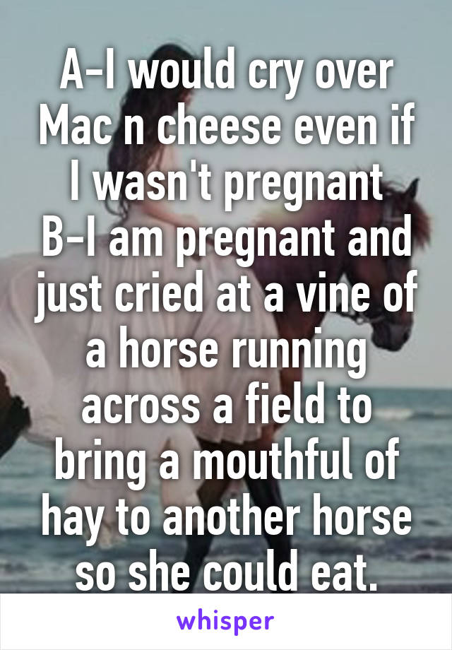 A-I would cry over Mac n cheese even if I wasn't pregnant
B-I am pregnant and just cried at a vine of a horse running across a field to bring a mouthful of hay to another horse so she could eat.