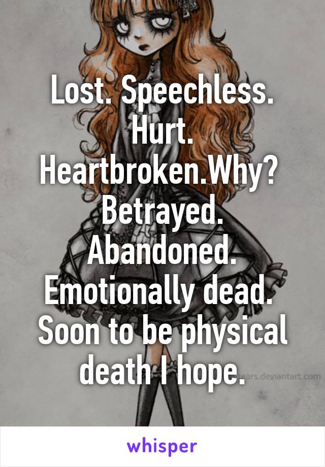 Lost. Speechless. Hurt. Heartbroken.Why? 
Betrayed.
Abandoned.
Emotionally dead. 
Soon to be physical death I hope.