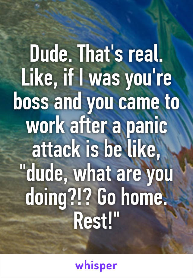 Dude. That's real. Like, if I was you're boss and you came to work after a panic attack is be like, "dude, what are you doing?!? Go home. Rest!"