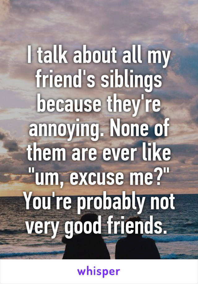 I talk about all my friend's siblings because they're annoying. None of them are ever like "um, excuse me?" You're probably not very good friends. 