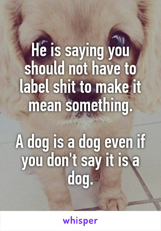He is saying you should not have to label shit to make it mean something.

A dog is a dog even if you don't say it is a dog.
