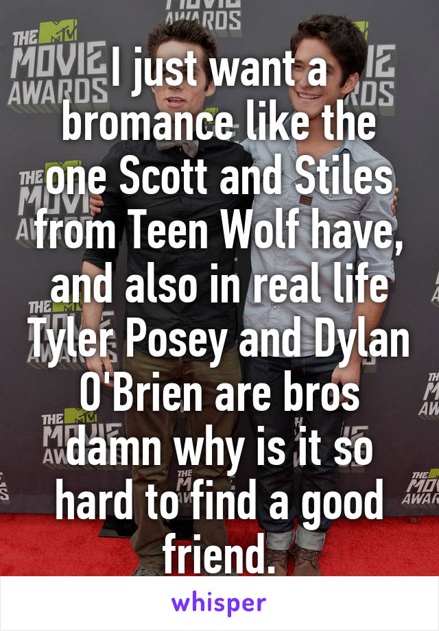 I just want a bromance like the one Scott and Stiles from Teen Wolf have, and also in real life Tyler Posey and Dylan O'Brien are bros damn why is it so hard to find a good friend.