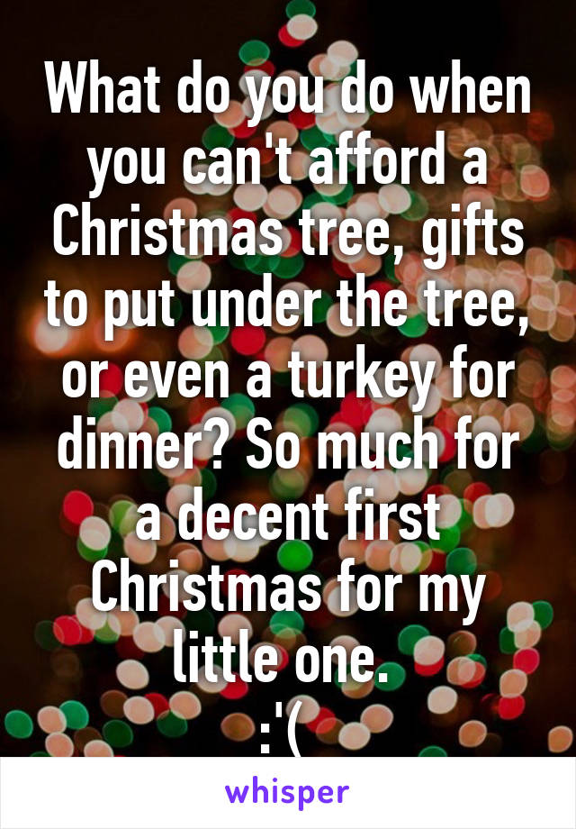 What do you do when you can't afford a Christmas tree, gifts to put under the tree, or even a turkey for dinner? So much for a decent first Christmas for my little one. 
:'( 